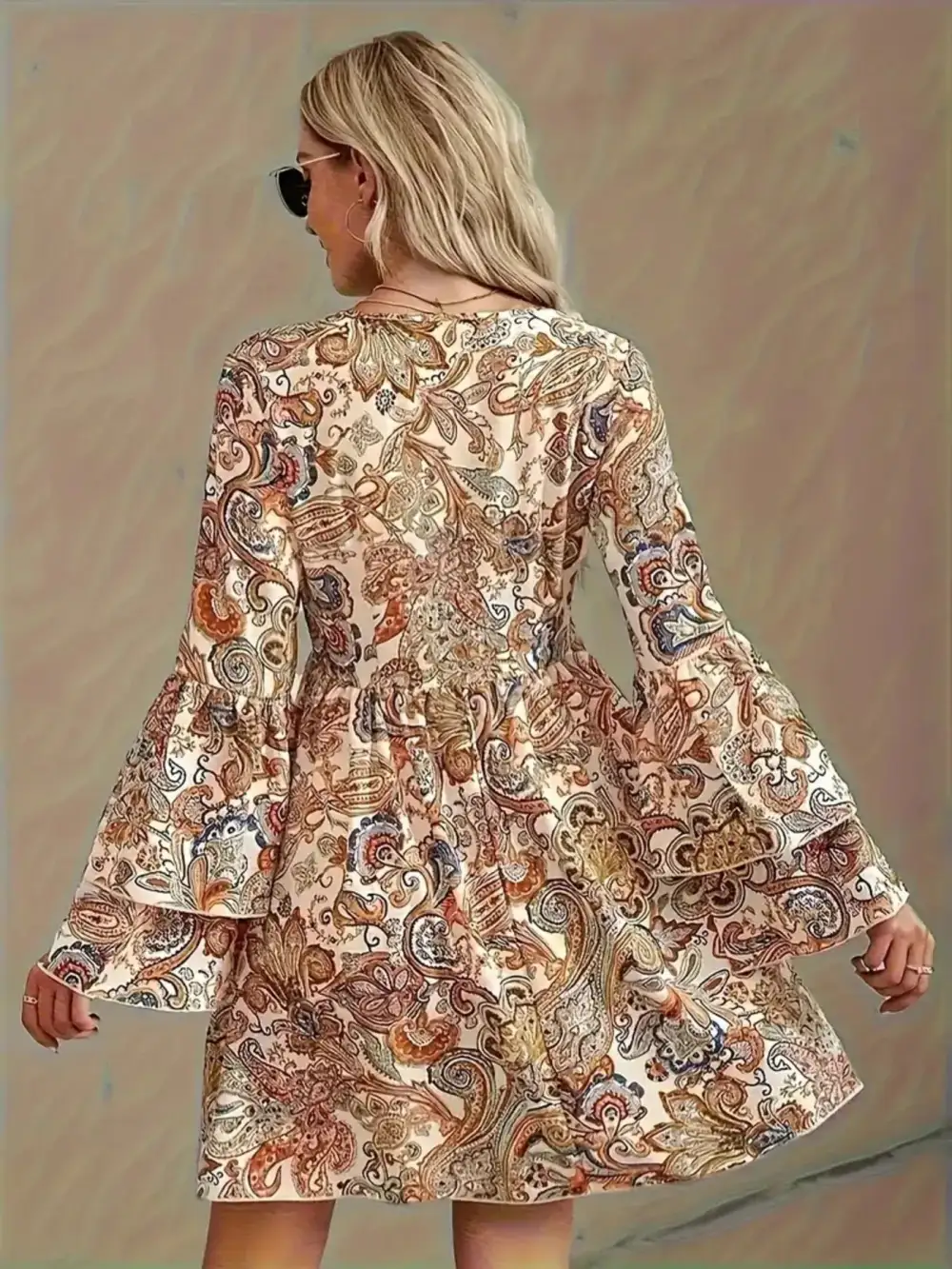 Paisley Printed Bell Sleeve Mini Dress