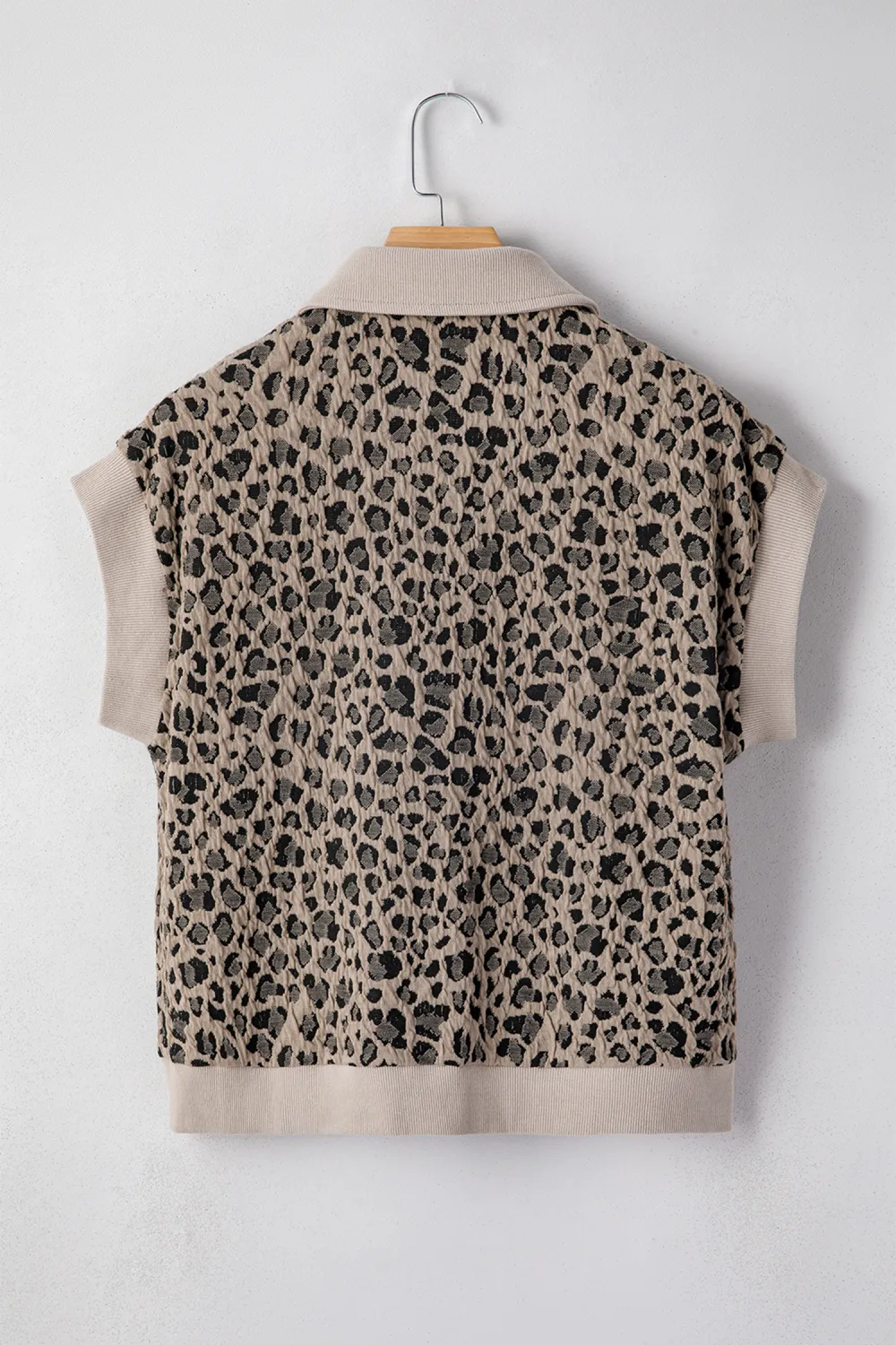 Beige Zip Up Collared Leopard Top