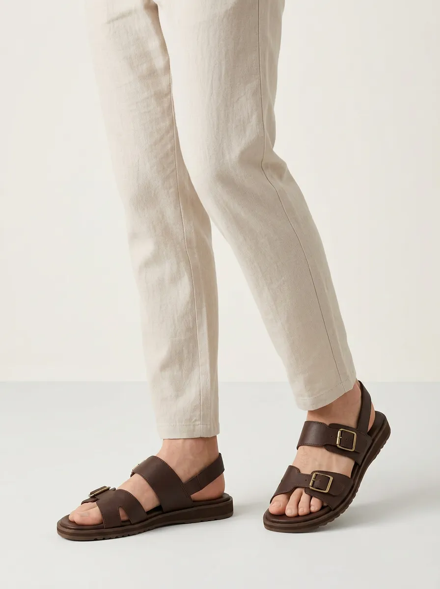 Men's Casual Brown Leather Double Buckle Sandals