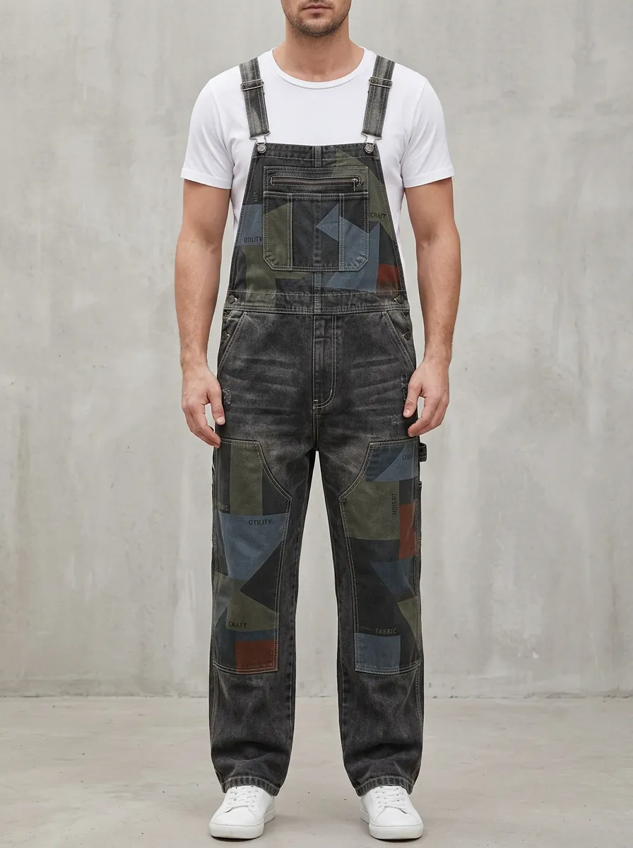 Patchwork Denim Zip Bib Overalls