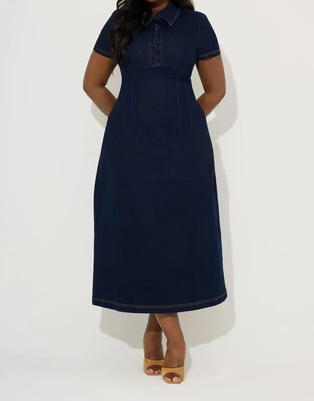 Dark Blue Denim Collared Midi Dress
