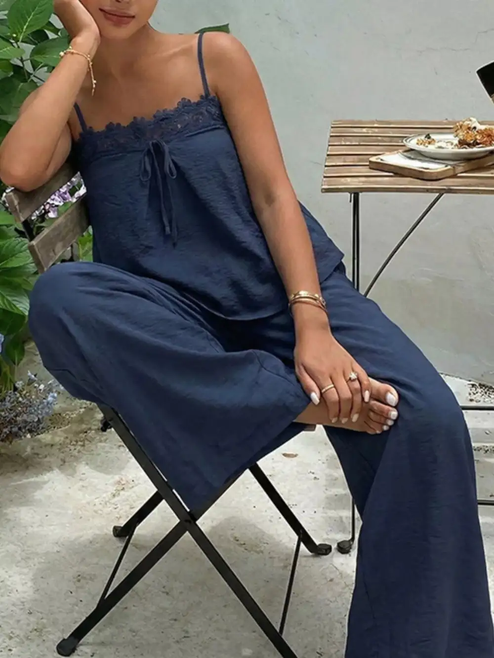 Lace Trim Cami and Wide Leg Pants Set