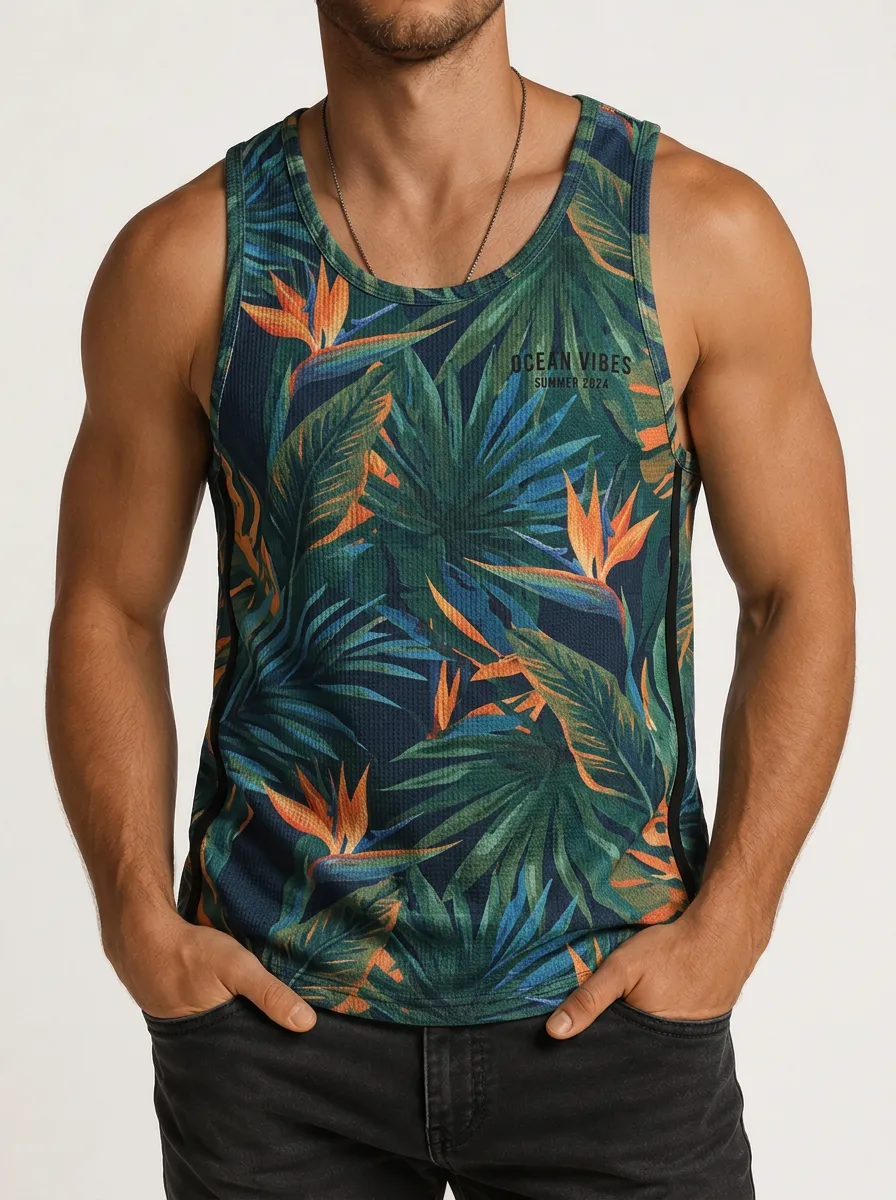 Men's Tropical Ocean Vibes Bird of Paradise Printed Tank Top