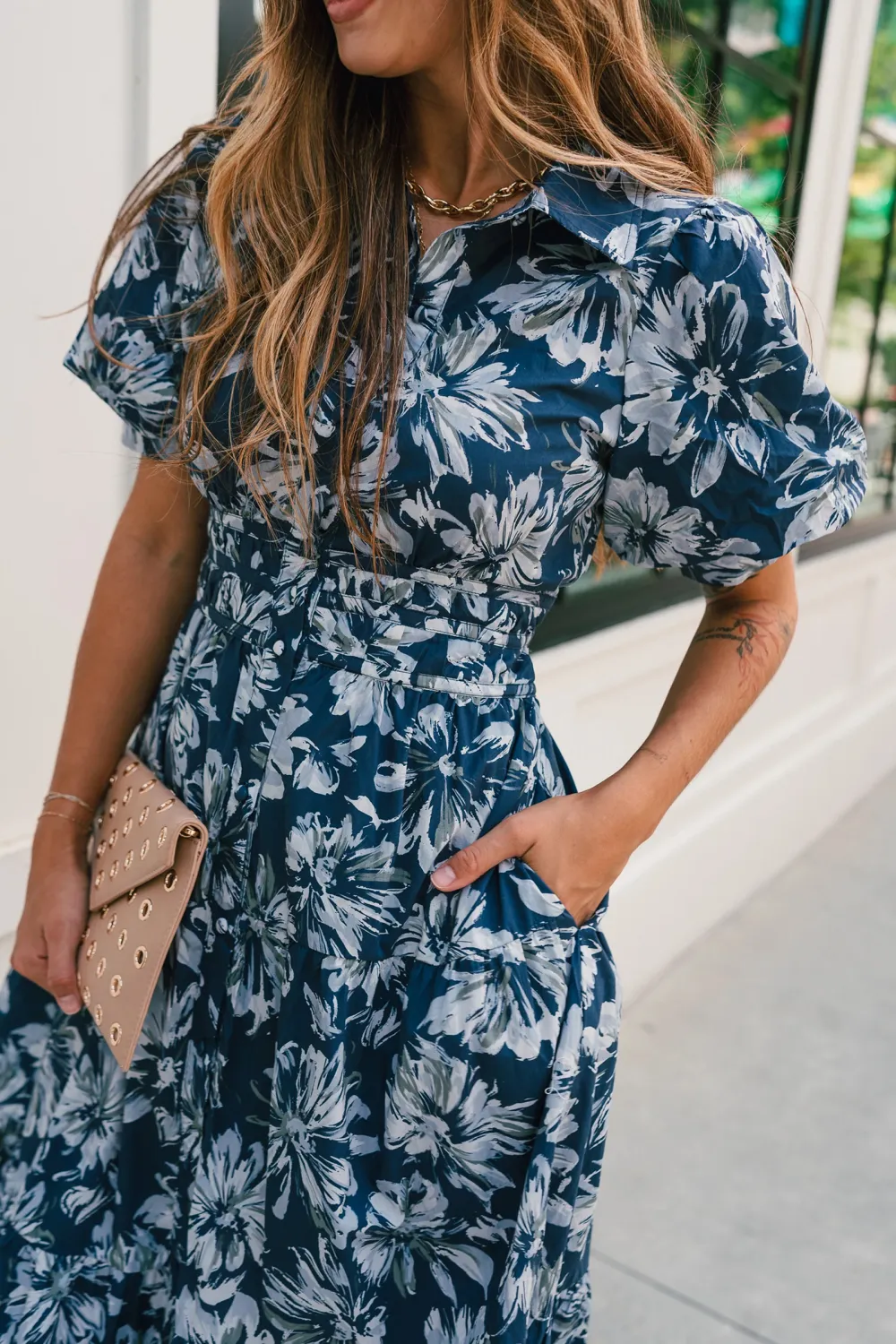 Casual Floral Lapel Midi Dress