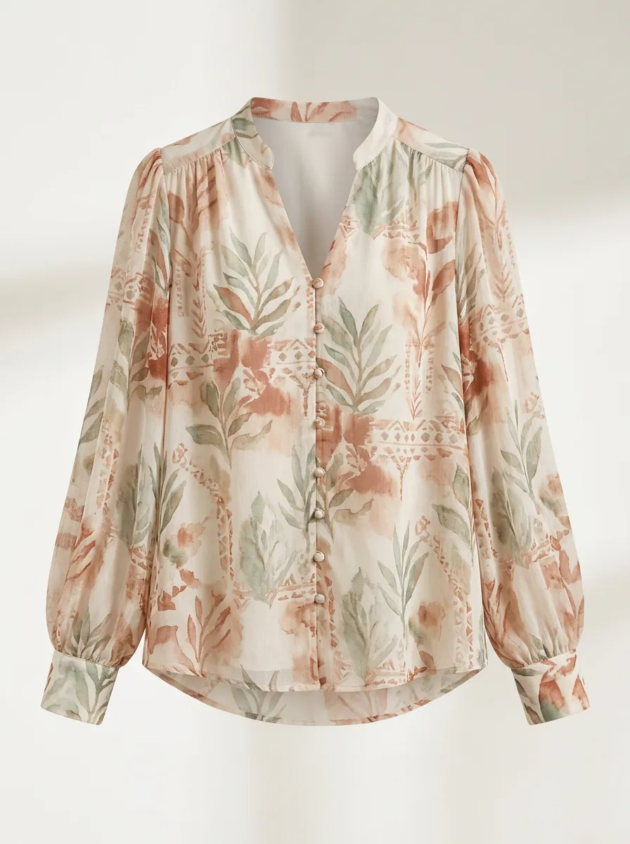 Women's Botanical Leaf Print V-Neck Button-Down Chiffon Blouse