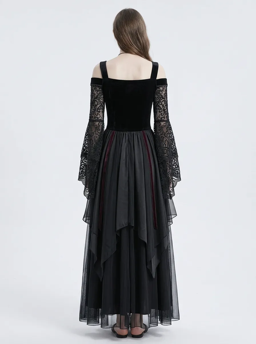 Punk Skull Lace Bell Sleeve Detail Women's Gothic Dress