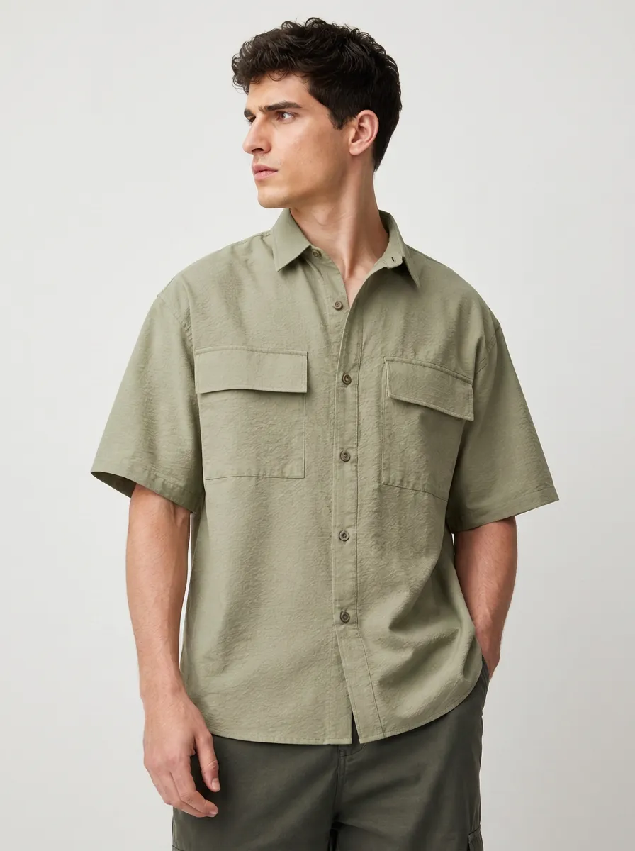 Men's Casual Olive Green Breathable Button-Down Utility Shirt
