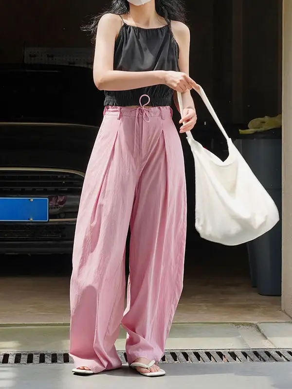 Women's High Waist Wide Leg Drawstring Pleated Pants