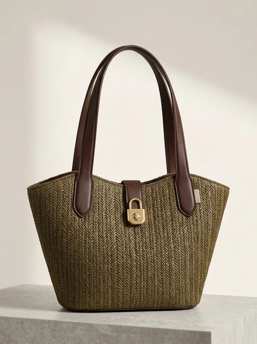 Woven Straw-Style Herringbone Women's Tote Bag