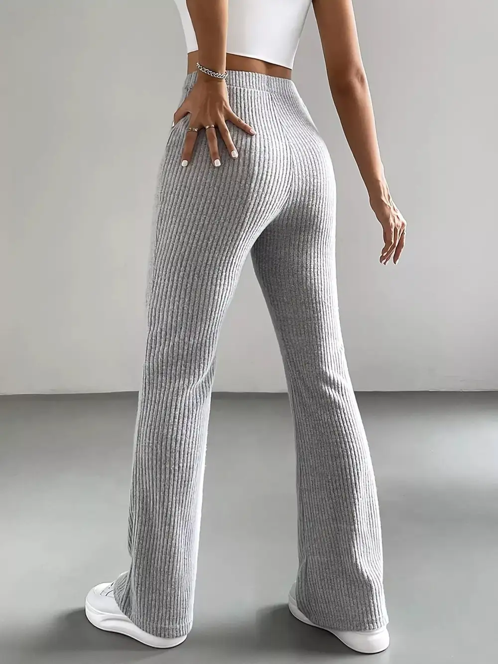 Classic Ribbed Knit High Waist Flare Pants