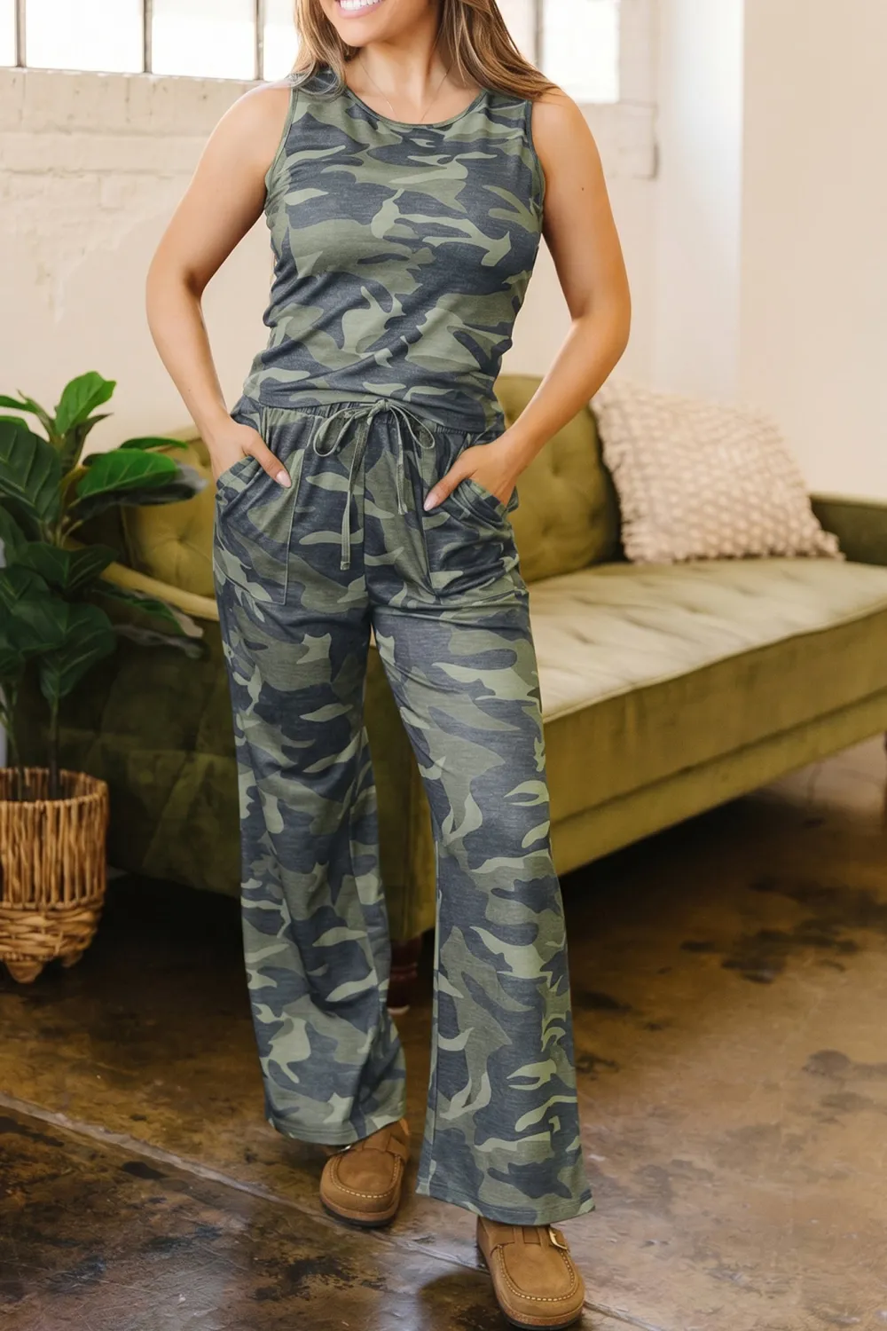 Women's Camouflage Print Slim Tank Drawstring Pant Set