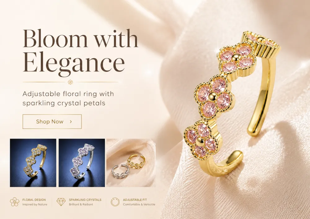 A little sparkle can change the whole look. ✨ Featuring delicate floral details and shimmering crystal petals, this adjustable open ring adds effortless elegance to any outfit.