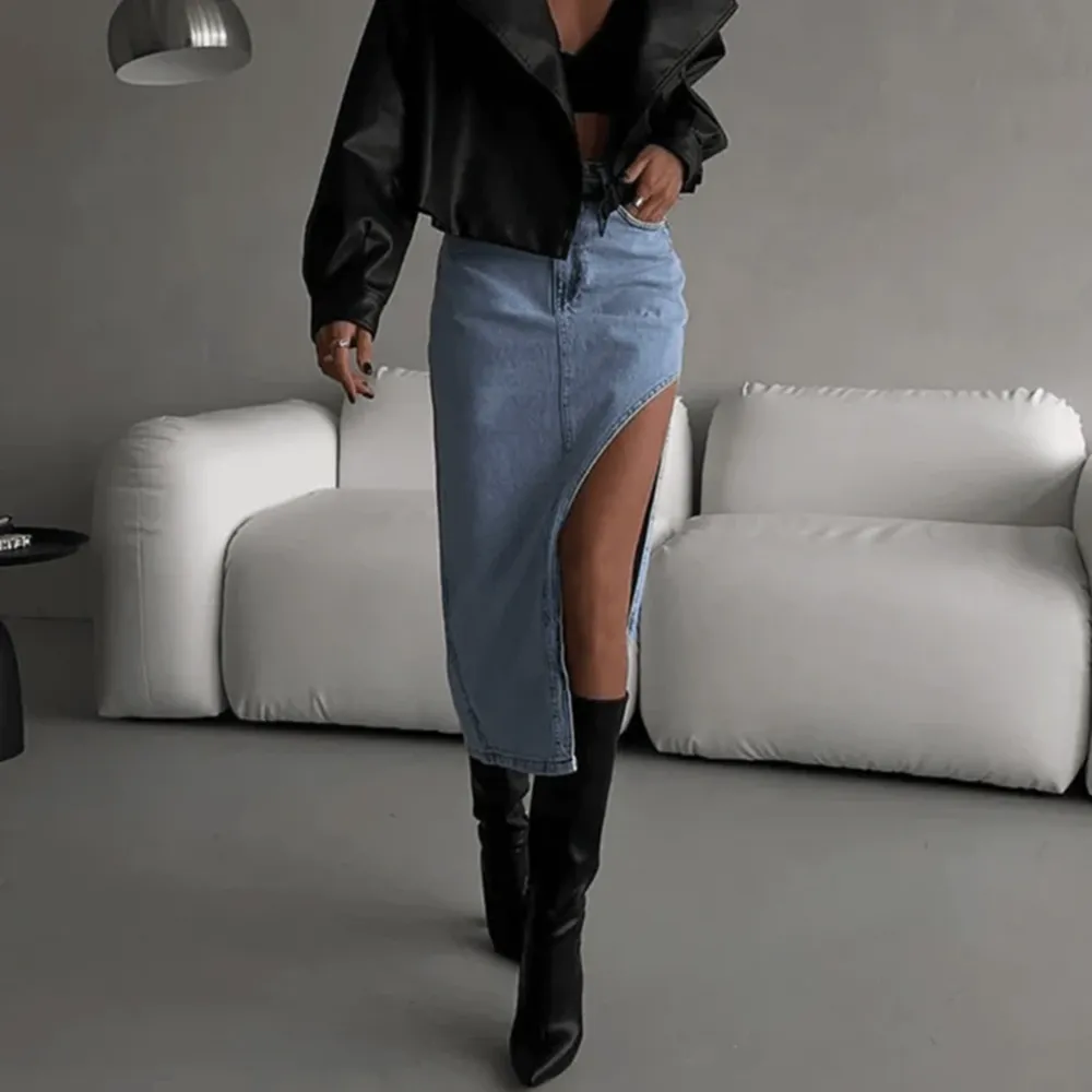 Denim High Waist Slit Midi Skirt