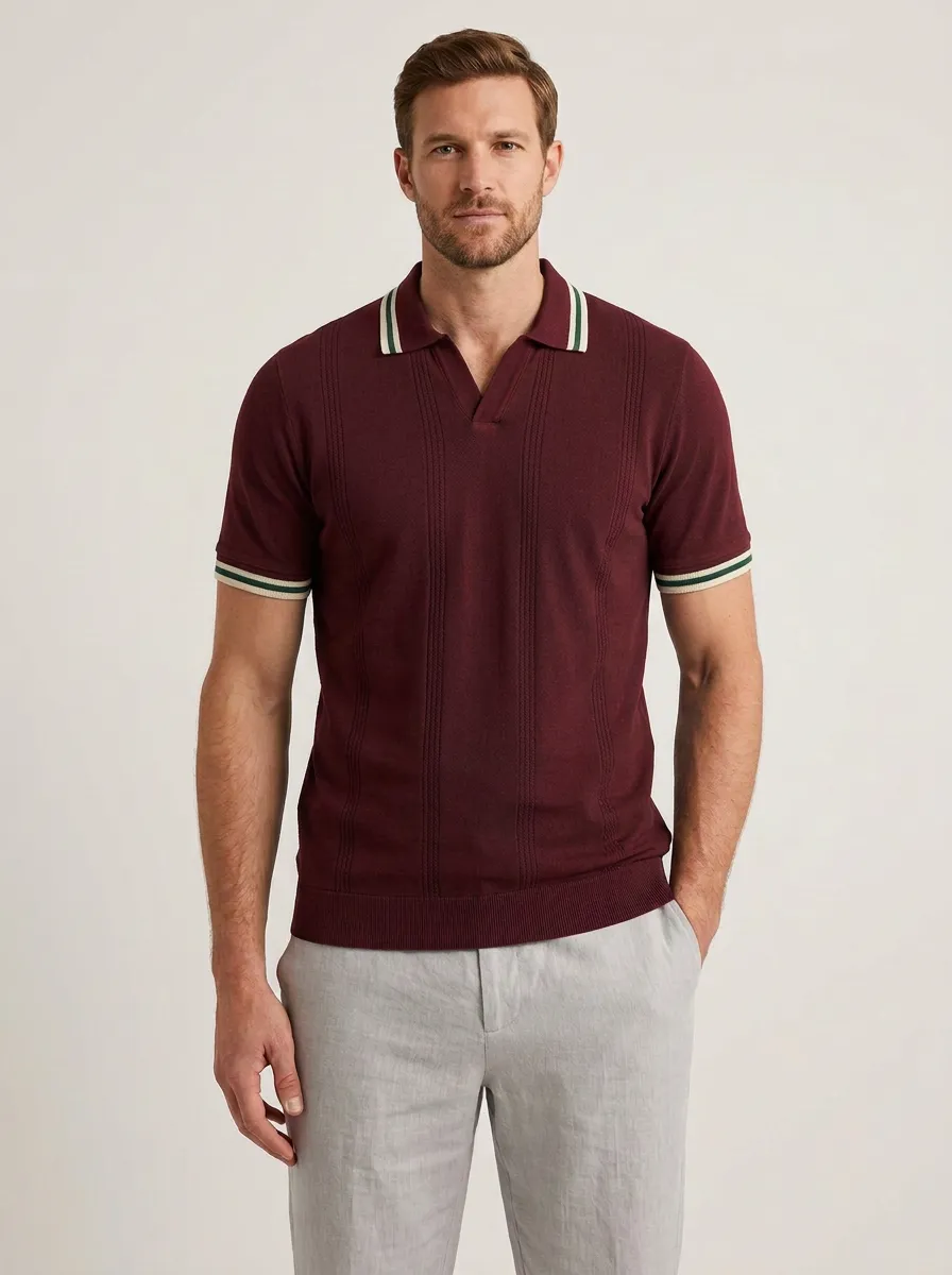 Men's Vintage Style Navy Striped V-Neck Knit Polo Shirt