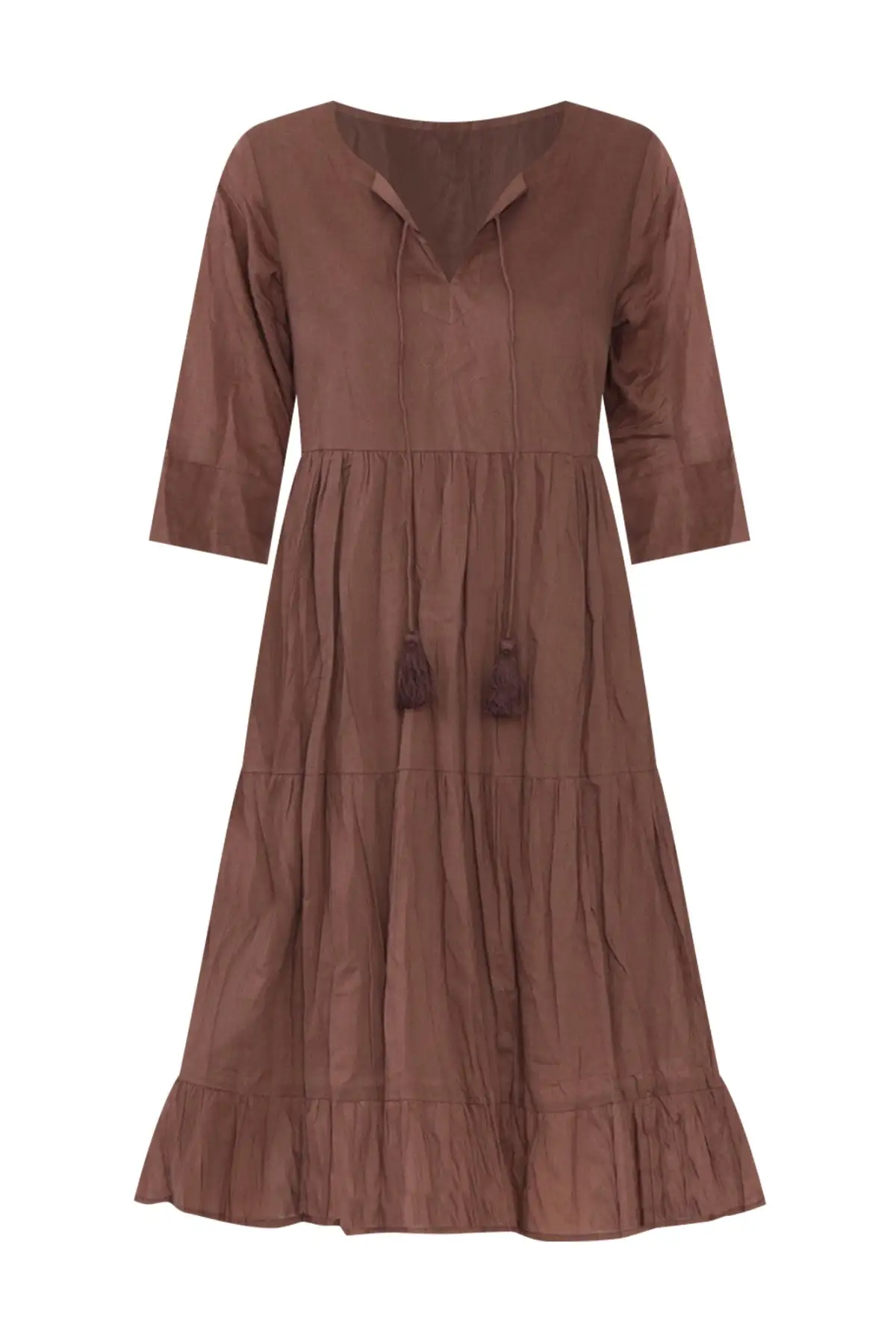 Relaxed Tiered Knee-Length Three-Quarter-Sleeve Cotton A-Line Round-Neck Dress