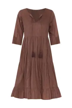 Relaxed Tiered Knee-Length Three-Quarter-Sleeve Cotton A-Line Round-Neck Dress