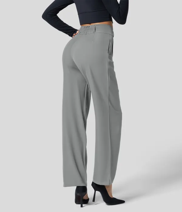 High Waisted Button Zipper Plicated Side Pocket Shirred Straight Leg Work Pants