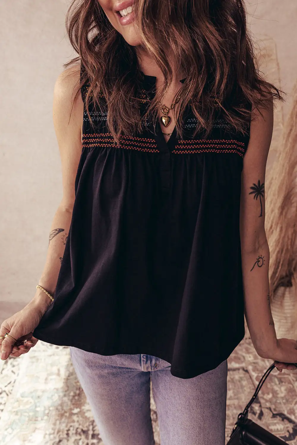 V-Neck Notched-Neck Shirred-Yoke Shirred  Tank Top