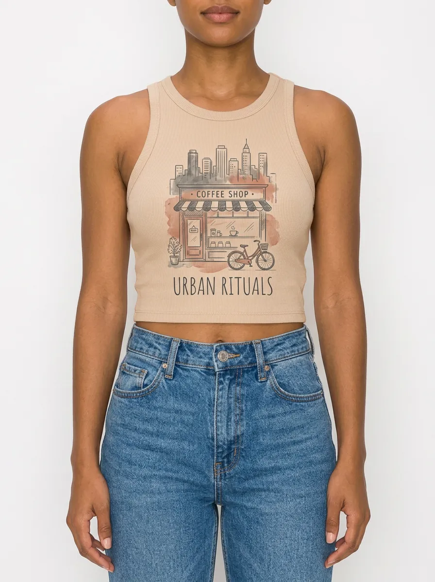 Women's Coffee Lover Urban Rituals Cityscape Printed Crop Tank Top