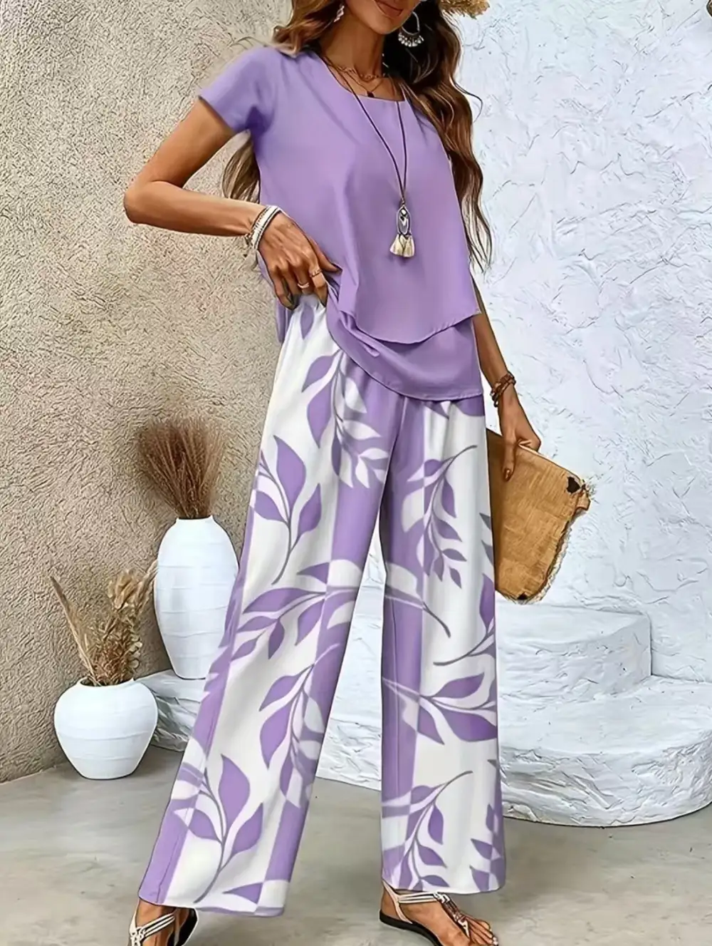 Print Top Wide-Leg Pants Set