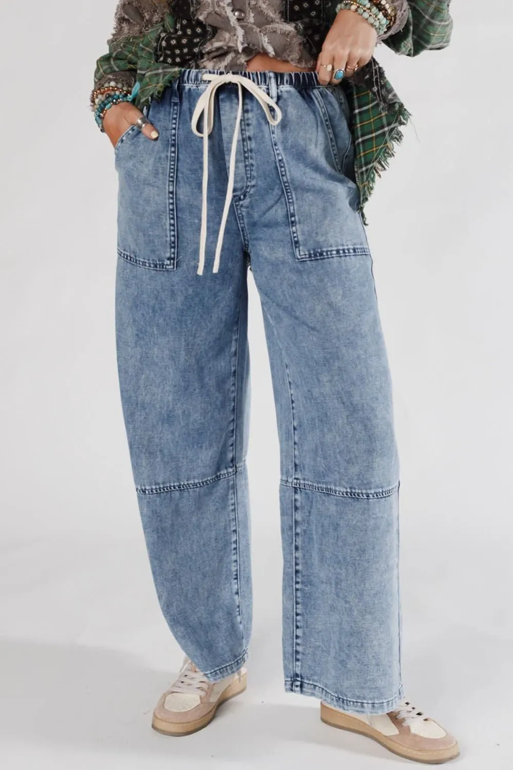 High Waist Drawstring Pocketed Seam Detail Casual Jeans