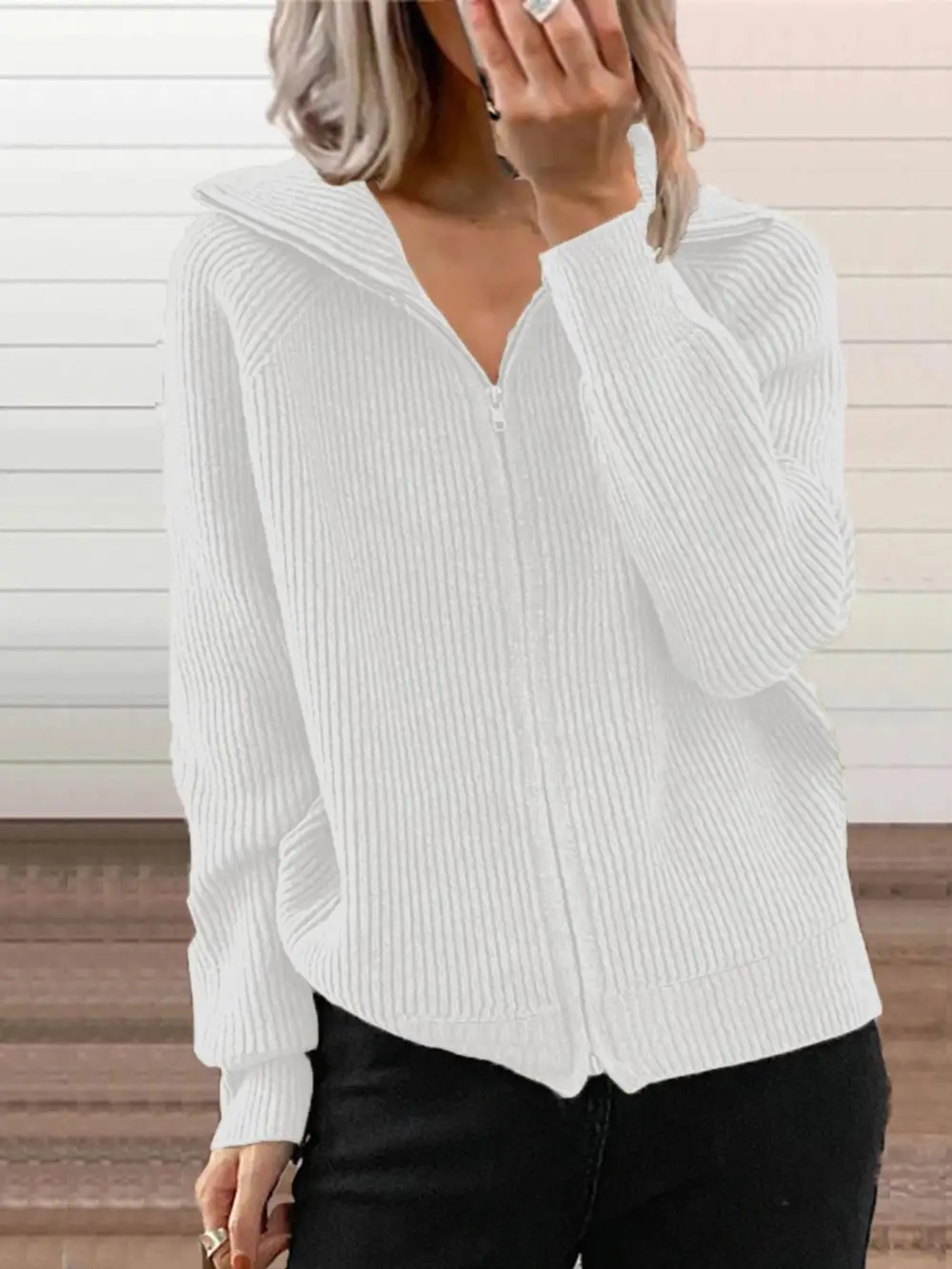 Full Size Ribbed Knit Zip-Up Outerwear Plus Size