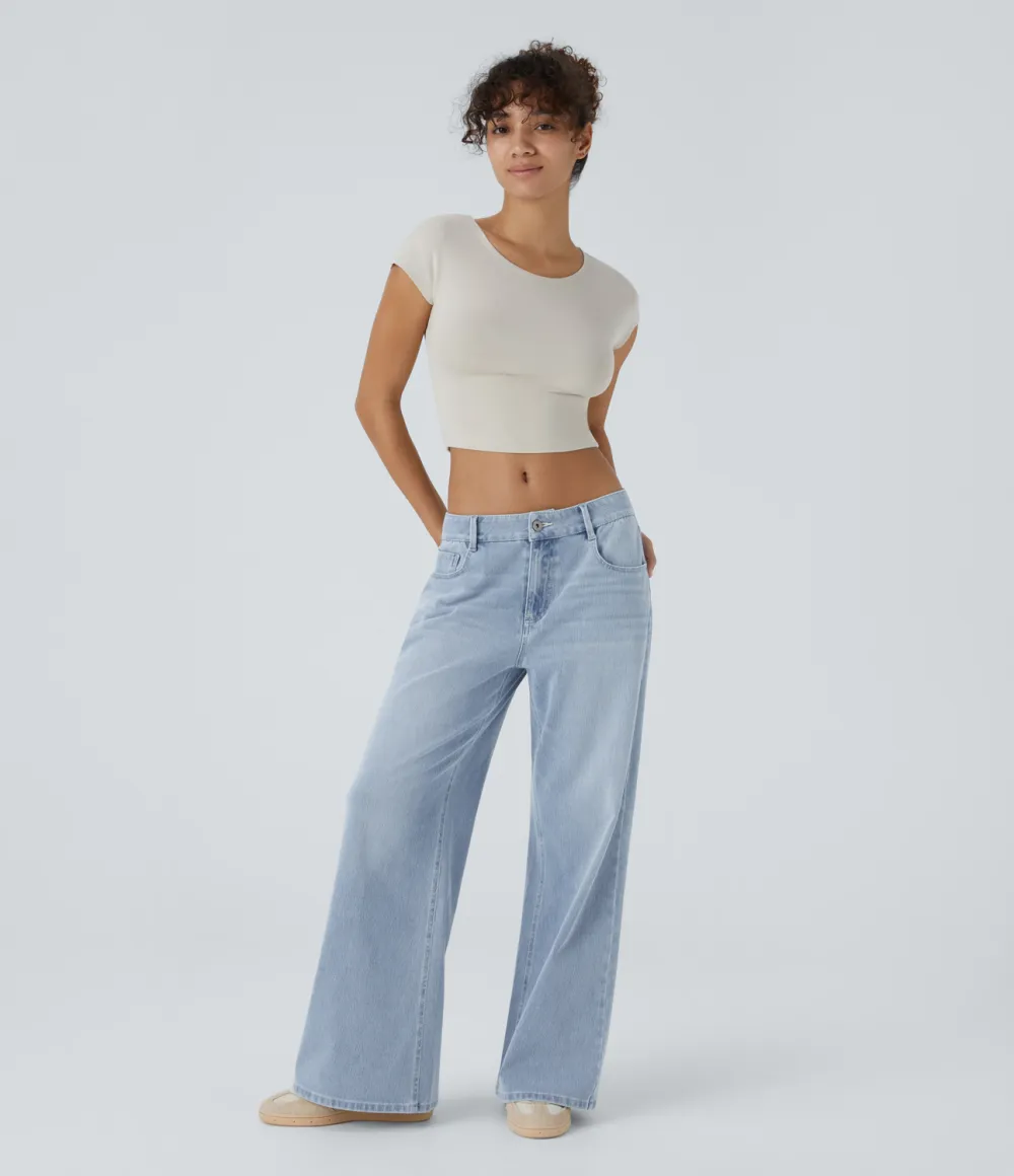 Magic Low Rise Button Zipper Multiple Pockets Washed Stretchy Knit Wide Leg Casual Jeans