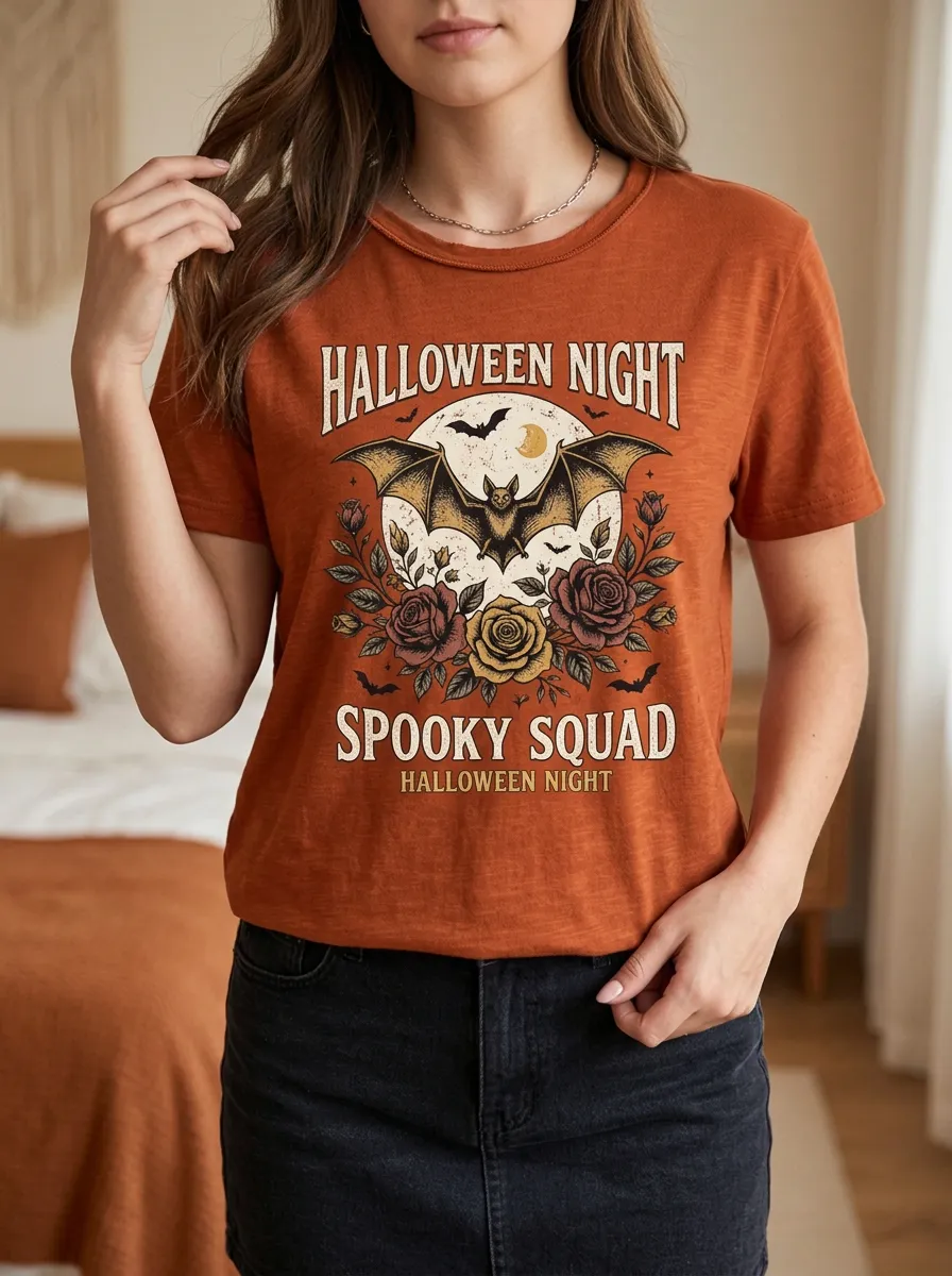 Women's Halloween Spooky Squad Bat Rose Moon Printed T-shirt