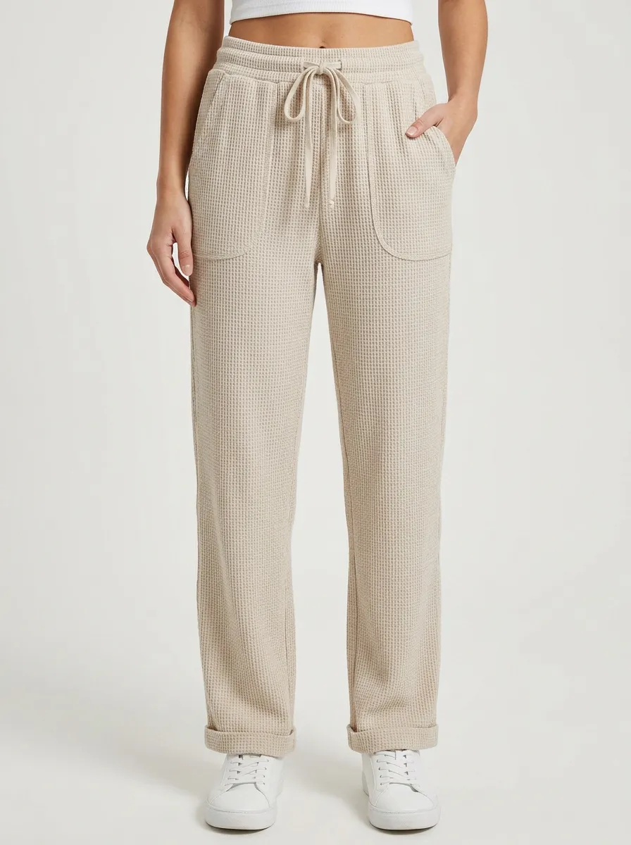 Women's Casual Lounge Waffle Knit Drawstring Jogger Pants
