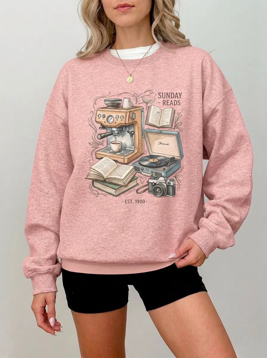 Women's Sunday Reads Coffee Book Record Player Graphic Sweatshirt