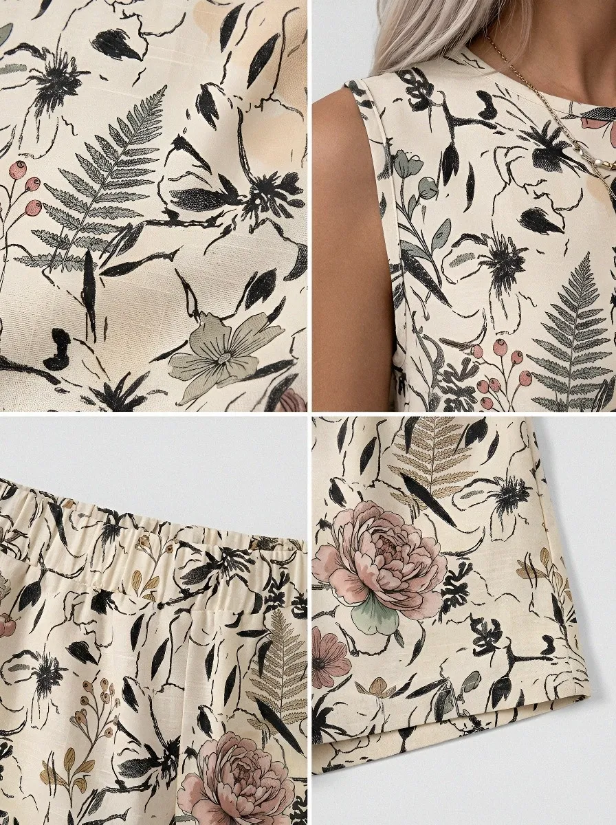 Women's Botanical Floral Fern Printed Sleeveless Short Set