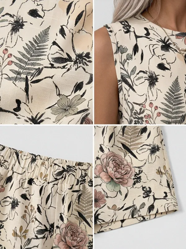 Women's Botanical Floral Fern Printed Sleeveless Short Set