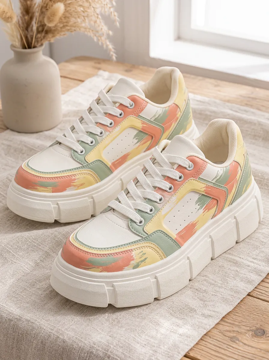 Women's Pastel Brushstroke Pattern Printed Platform Sneakers