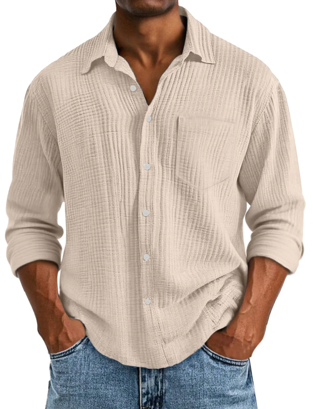Long Sleeve Open Collar Pleated Front Shirt