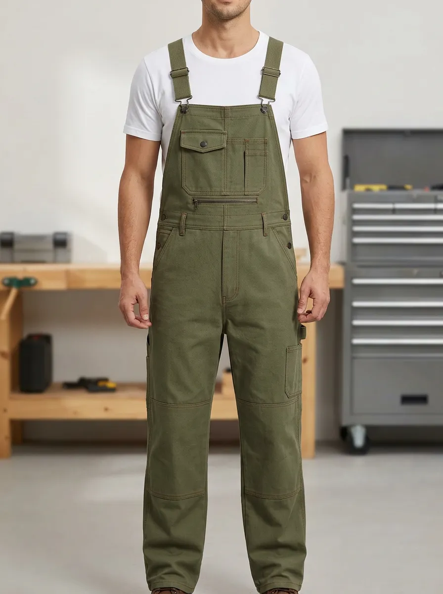 Multi-Pocket Utility Knee-Reinforced Canvas-Style Men's Workwear Bib Overalls