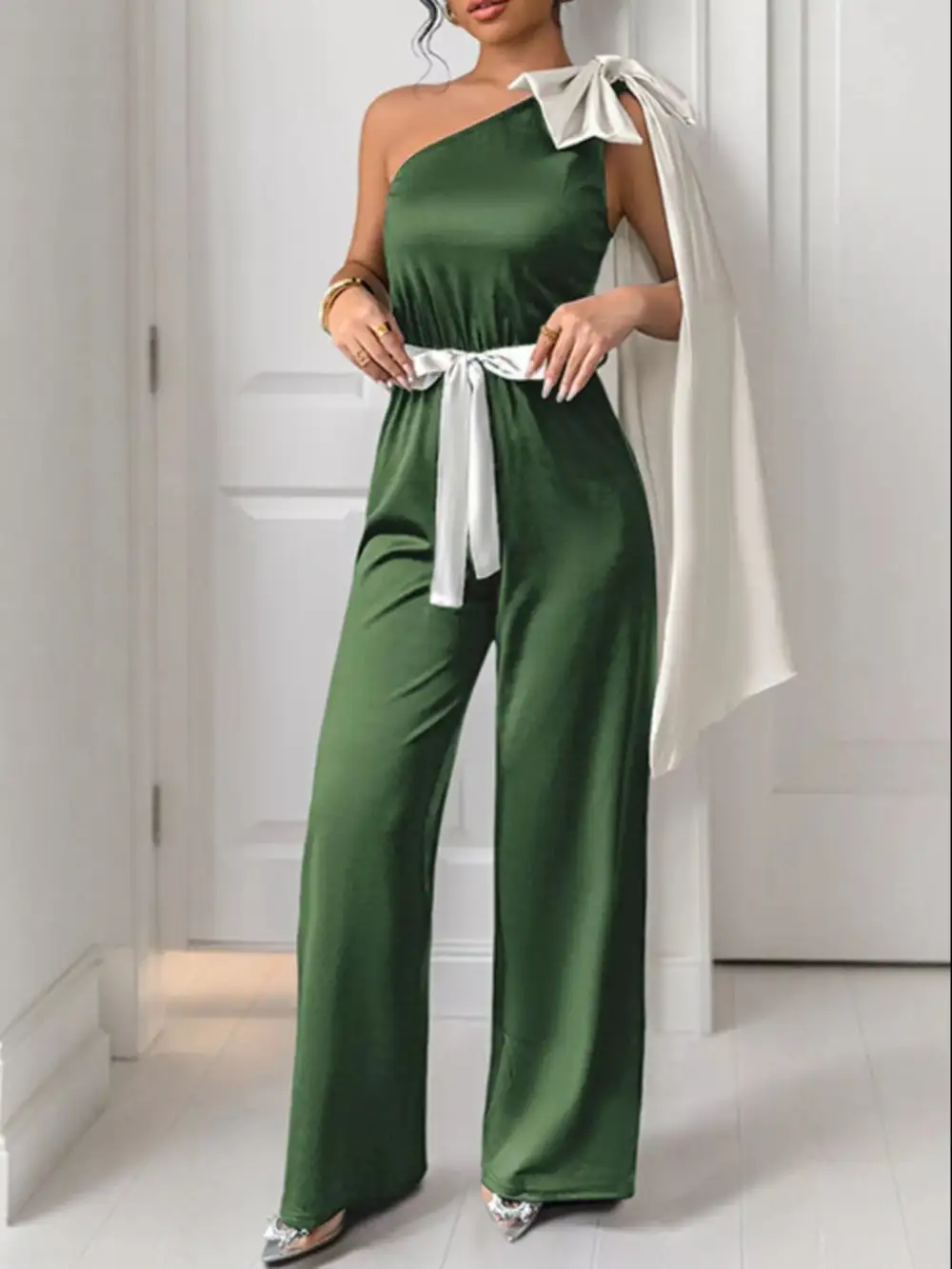 One Shoulder Bowknot Wide Leg Jumpsuit