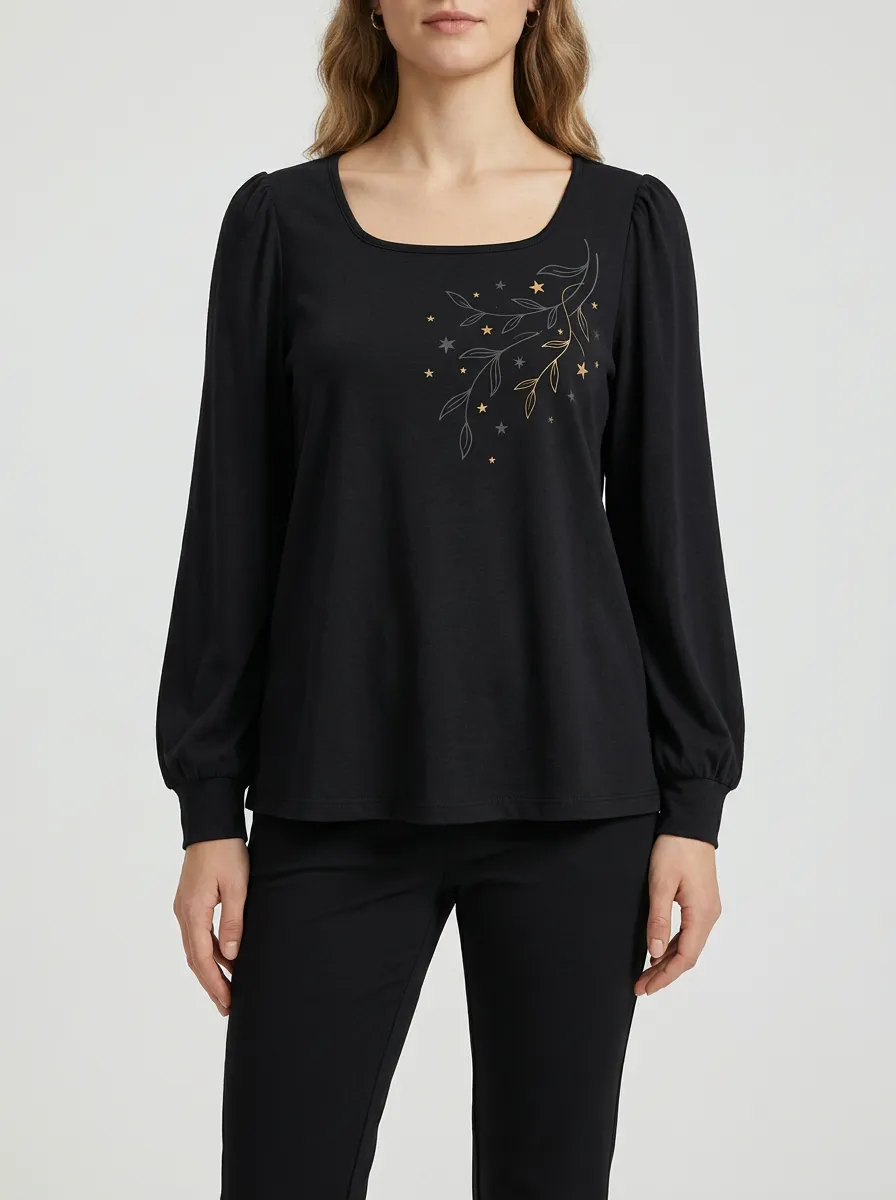 Women's Star-Embroidered Square-Neck Long-Sleeve Top