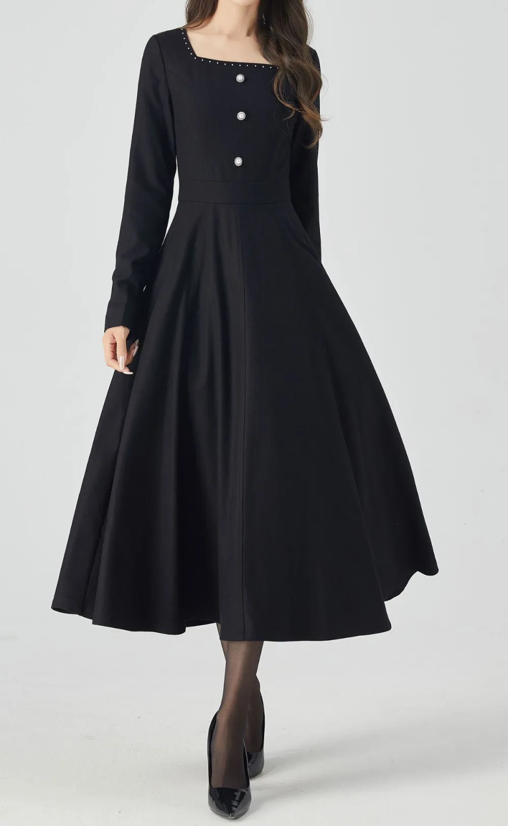 Refined Wool Blend Swing Square Neck Long Sleeve Midi Dress
