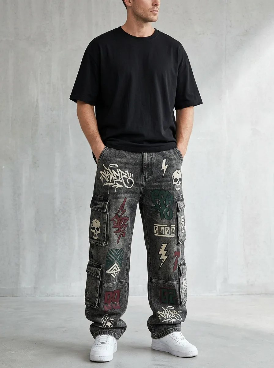 Unisex Urban Streetwear Graffiti Skull Cargo Jeans