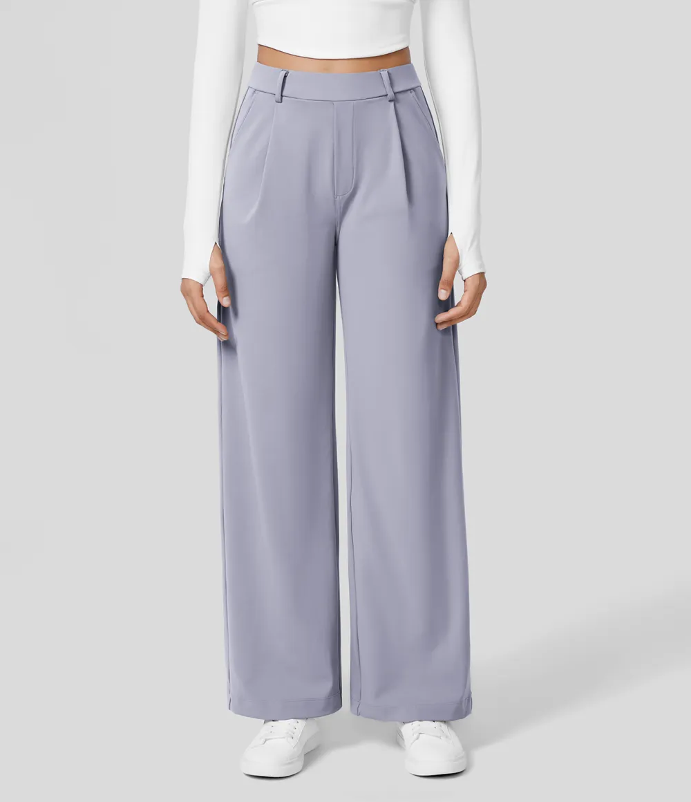 2026🔥  High Waisted Plicated Side Pocket Straight Leg Work Pants