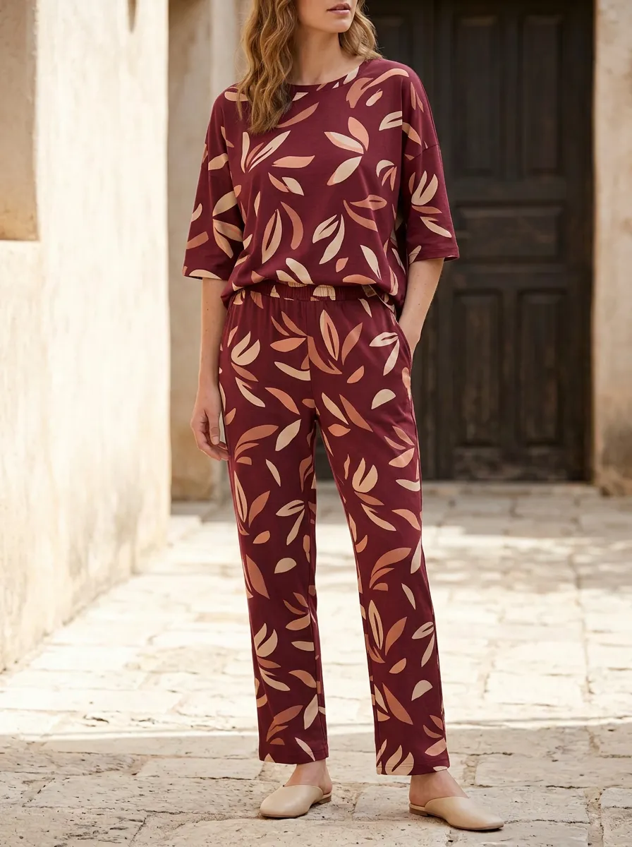 Women's Botanical Leaf Print Boxy Top And Straight-Leg Trouser Lounge Set