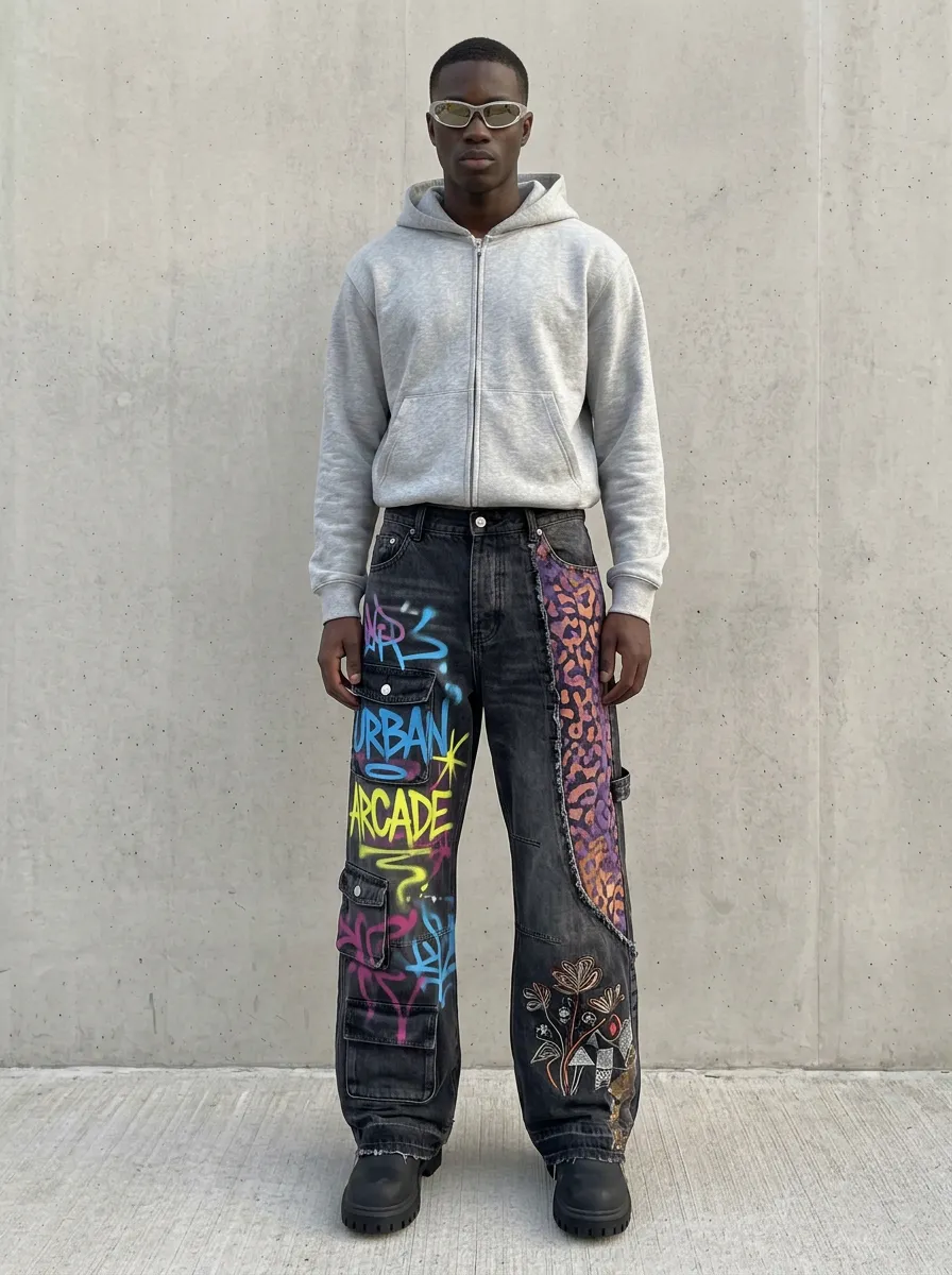 Men's Streetwear Urban Arcade Graffiti Leopard Graphic Cargo Jeans
