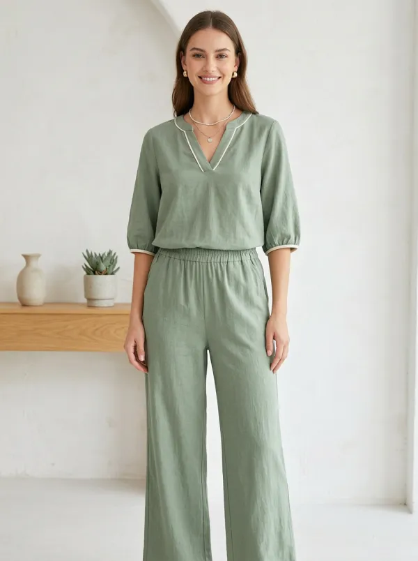 Short-Sleeve Contrast-Trim Women's V-Neck Blouse