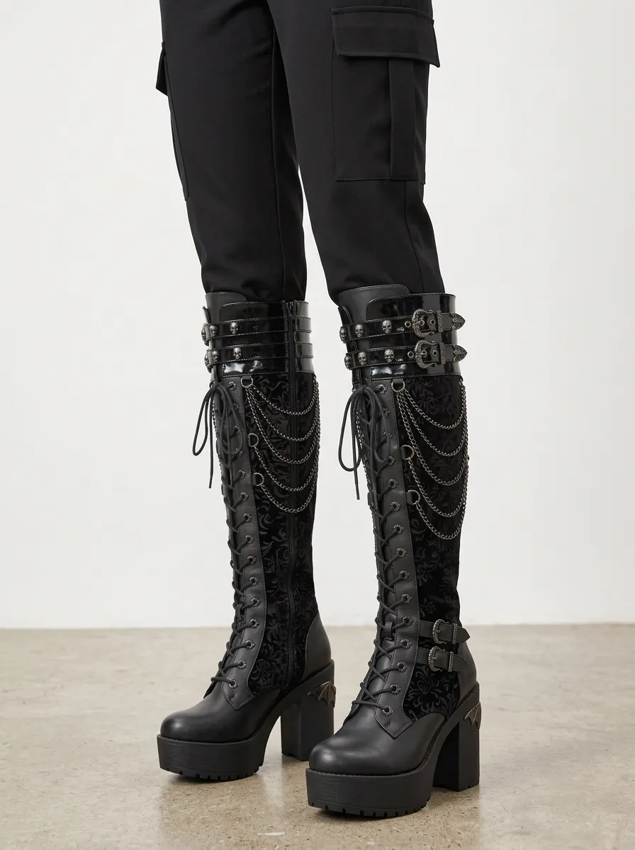 Classic Gothic Skull Floral Lace Dark Look Women's Gothic Platform Boots