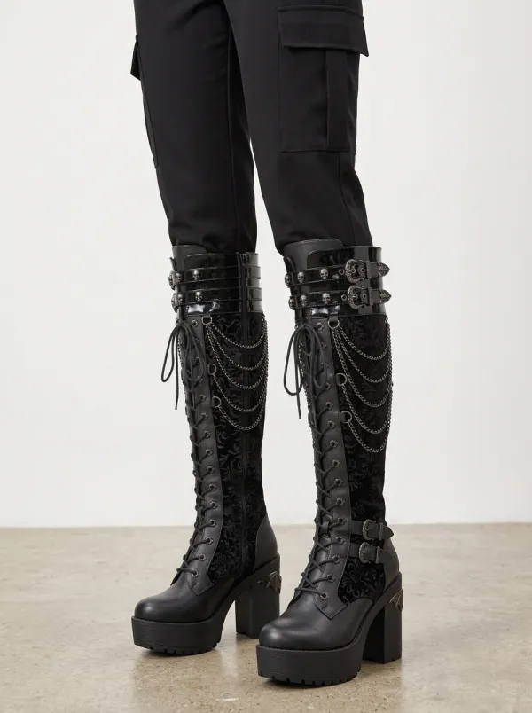 Classic Gothic Skull Floral Lace Dark Look Women's Gothic Platform Boots
