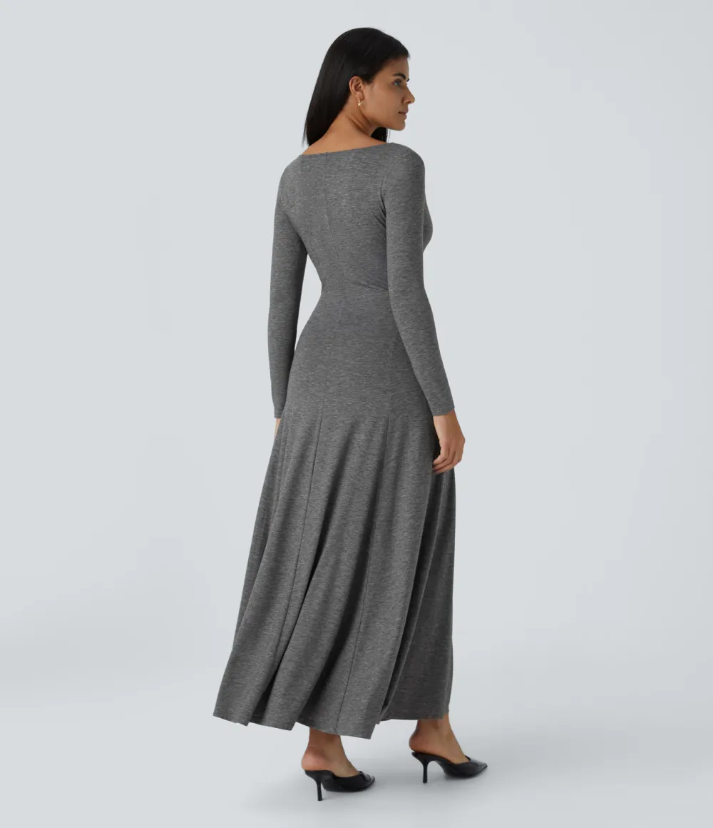 Cowl Neck Long Sleeve Flowy Flare Maxi Casual Dress