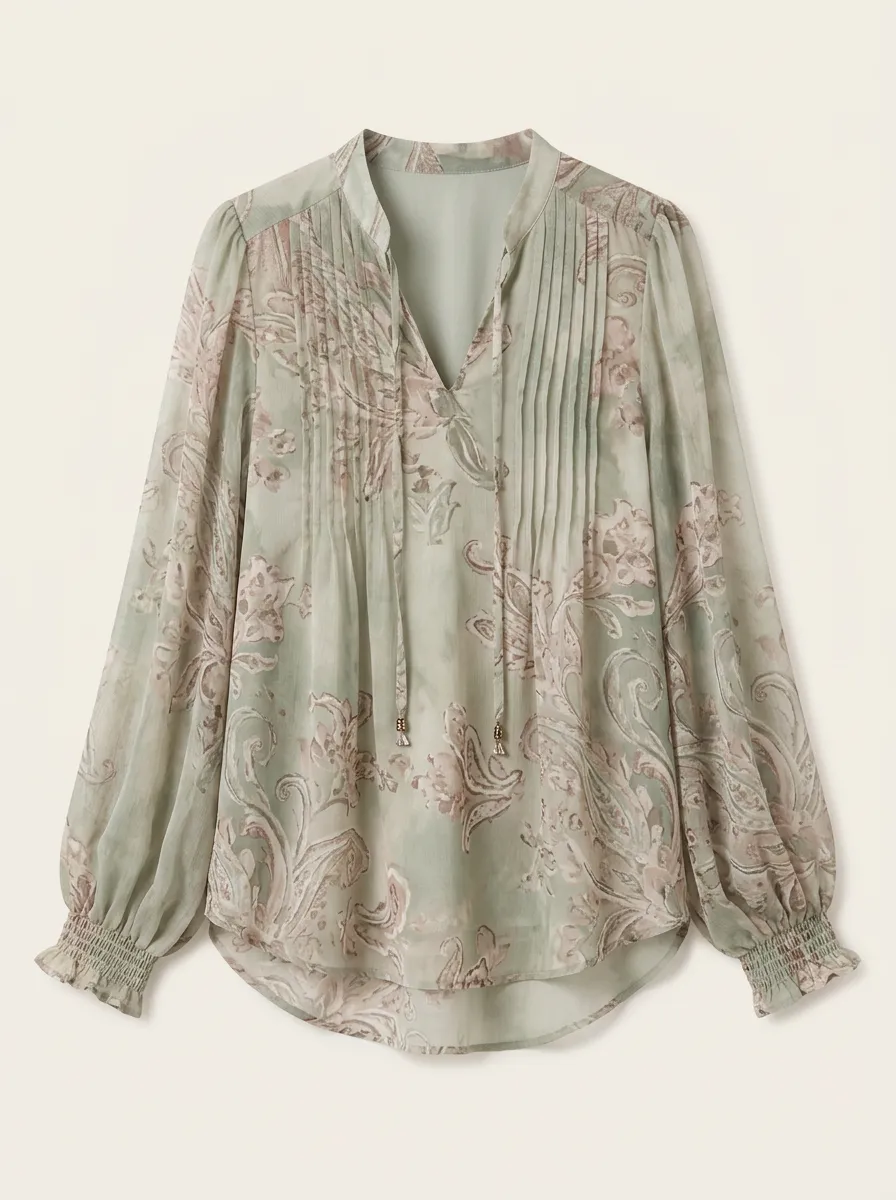 Women's Sage Green Paisley Floral Printed Pleated Blouse
