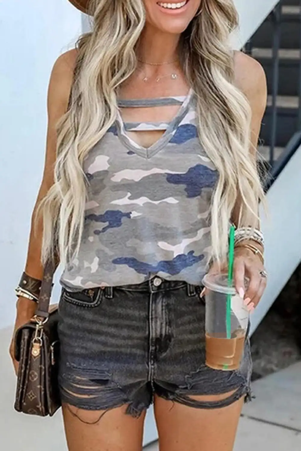 Hollow Out Camouflage Tank Top