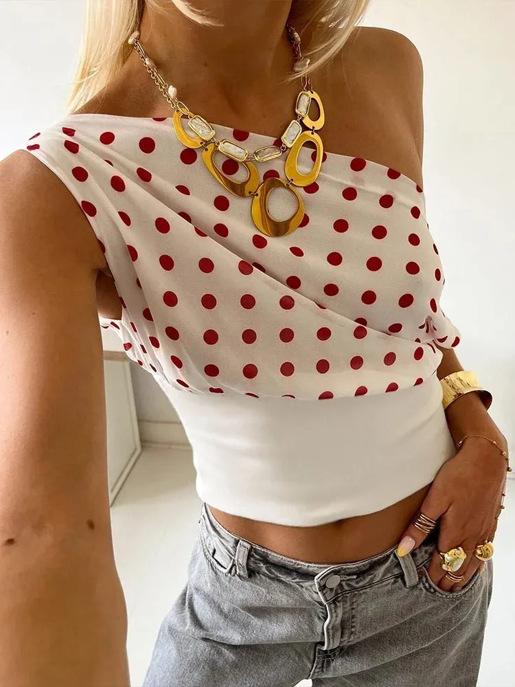Skew-Collar Polka Dot Top
