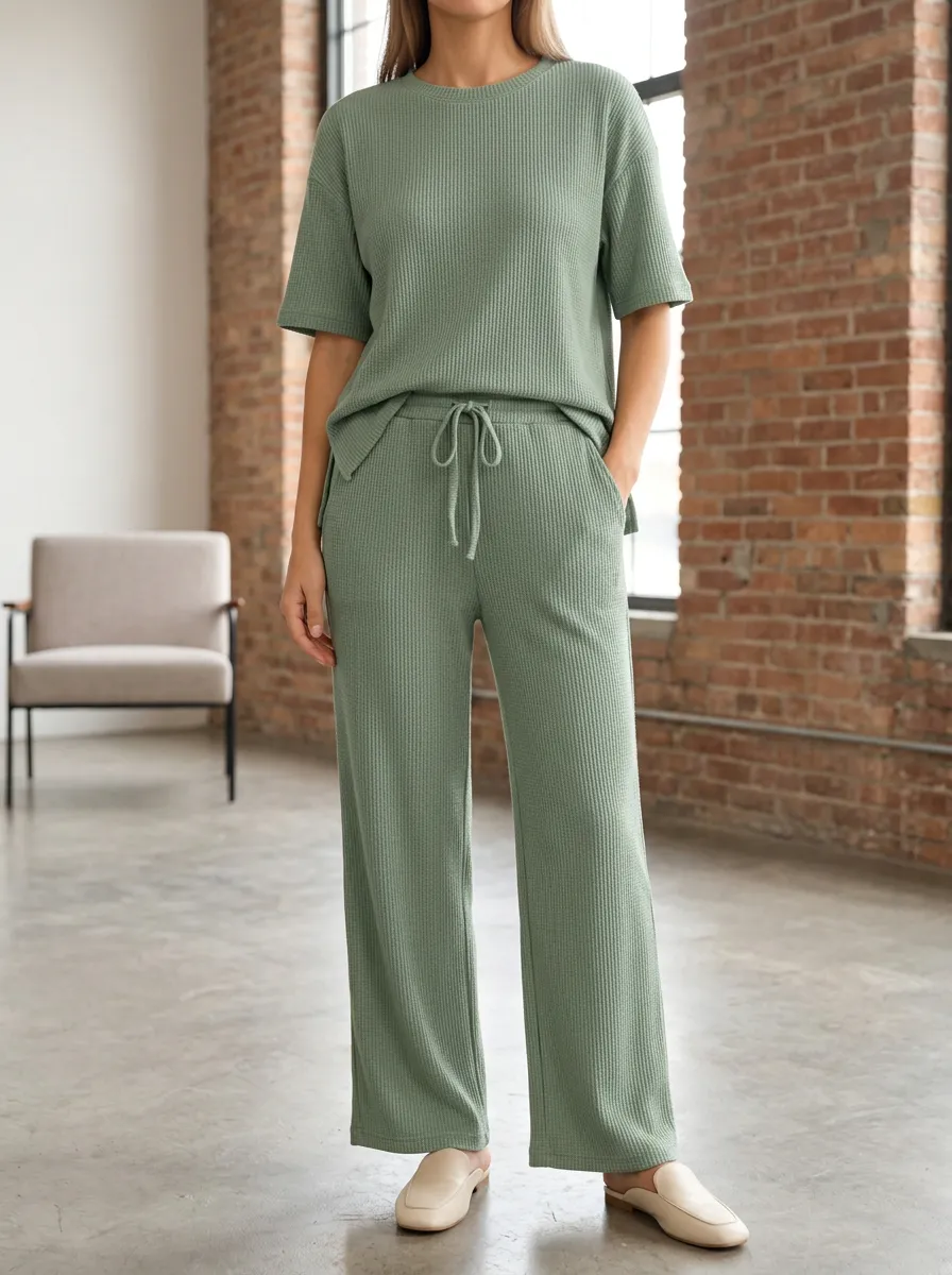 Women's Waffle Solid Casual Wide Leg Pants Set